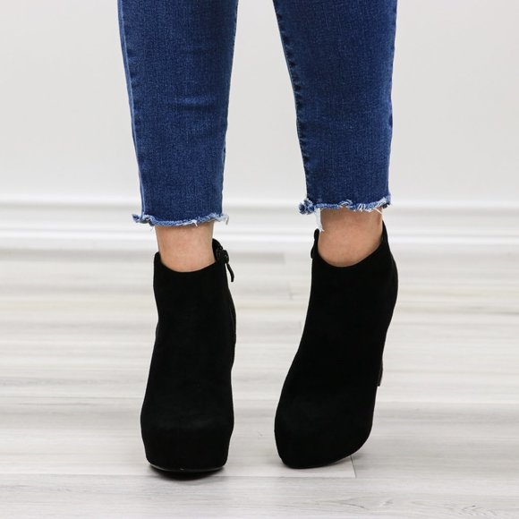 Platform Black Suede Ankle Heeled Booties - Picture 2 of 12